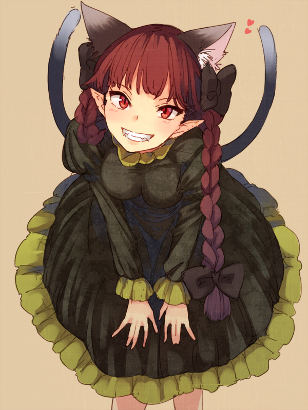 1girl animal_ears bent_over blush bow braid breasts brown_background cat_ears cat_tail dress extra_ears fangs green_dress grin hair_bow hair_ornament heart kaenbyou_rin long_hair long_sleeves looking_at_viewer medium_breasts multiple_tails nekomata pointy_ears puffy_sleeves red_eyes redhead simple_background slit_pupils smile solo tail touhou twin_braids urin