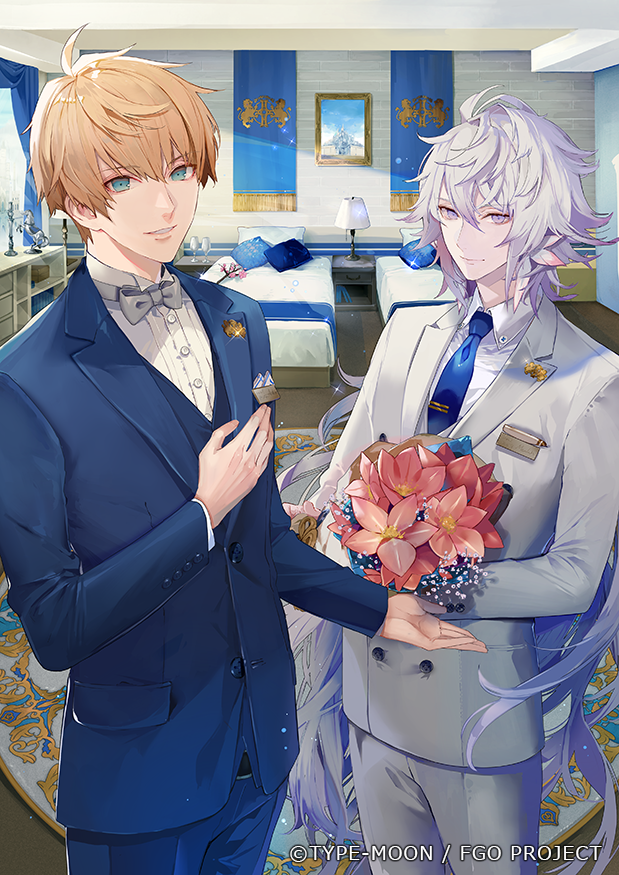 2boys ahoge arthur_pendragon_(fate) bangs bed blonde_hair blue_eyes blue_hair blue_neckwear blue_suit bouquet bow bowtie closed_mouth collared_shirt commentary_request cowboy_shot eyebrows_visible_through_hair fate/grand_order fate/prototype fate_(series) flower formal fuyuomi grey_hair grey_neckwear hair_between_eyes holding holding_bouquet indoors long_hair looking_at_viewer male_focus merlin_(fate) multiple_boys necktie open_mouth pants pillow shirt short_hair smile standing suit very_long_hair white_shirt white_suit
