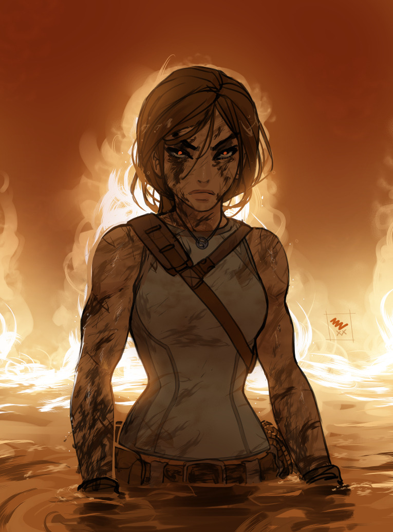 1girl backlighting belt belt_pouch blue_tank_top brown_gloves brown_hair commentary cuts dirty dirty_face english_commentary explosion fire gloves glowing glowing_eyes injury jewelry lara_croft long_hair messy_hair necklace partially_submerged pink_lips pouch red_eyes serious slender_waist solo strap tank_top tomb_raider tomb_raider_(reboot) vashperado