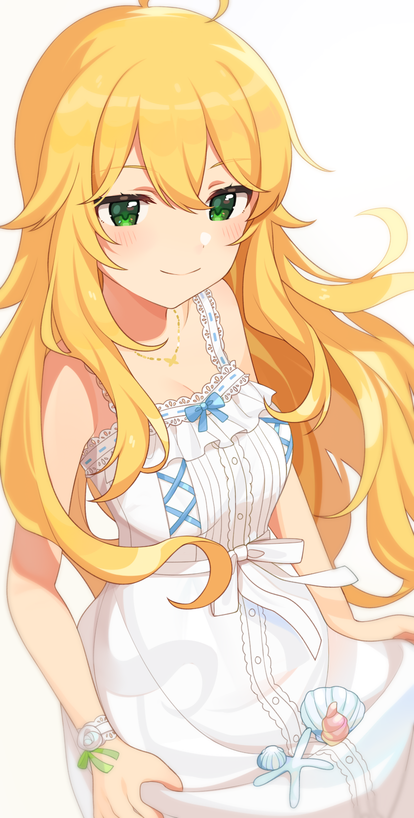 1girl ahoge bangs bare_arms bare_shoulders blonde_hair blush breasts closed_mouth collarbone commentary_request dress eyebrows_visible_through_hair frilled_dress frills green_eyes hair_between_eyes highres hoshii_miki idolmaster idolmaster_million_live! idolmaster_million_live!_theater_days jewelry long_hair looking_at_viewer medium_breasts naijow necklace ribbon shell simple_background sleeveless sleeveless_dress smile solo white_background white_dress white_ribbon wrist_cuffs