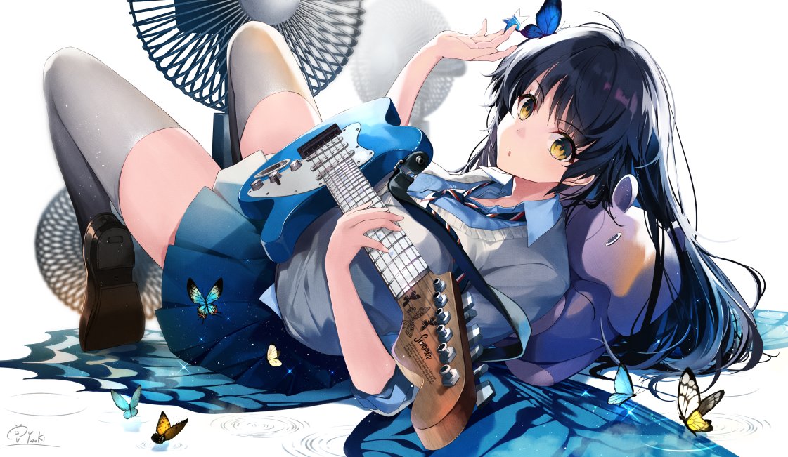 1girl bangs black_footwear black_hair blue_shirt breasts bug butterfly collared_shirt commentary_request electric_guitar fan grey_legwear guitar hirai_yuzuki holding holding_instrument insect instrument long_hair looking_at_viewer open_mouth pleated_skirt shirt signature skirt stuffed_animal stuffed_toy thigh-highs yellow_eyes