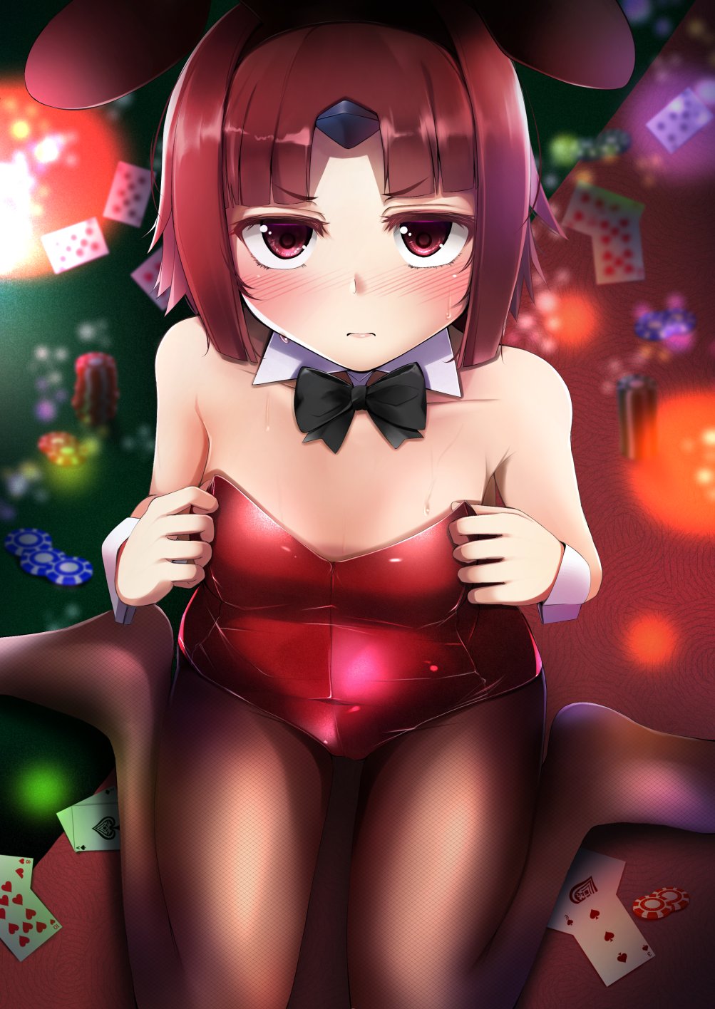 1girl ace_of_spades animal_ears benienma_(fate/grand_order) blush bow bowtie breasts bunnysuit card casino_card_table detached_collar fate/grand_order fate_(series) highres kuro_yanagi pantyhose playing_card rabbit_ears sitting small_breasts sweat wariza wrist_cuffs