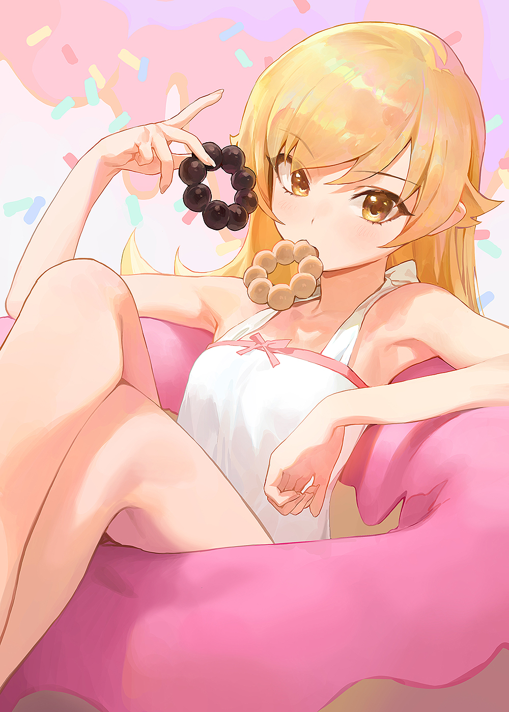1girl arm_up armpits bakemonogatari bare_shoulders blonde_hair commentary crossed_legs doughnut dress food halter_dress highres knees_up long_hair looking_at_viewer mister_donut monogatari_(series) mossi mouth_hold oshino_shinobu product_placement sitting sleeveless sleeveless_dress solo thighs white_dress yellow_eyes