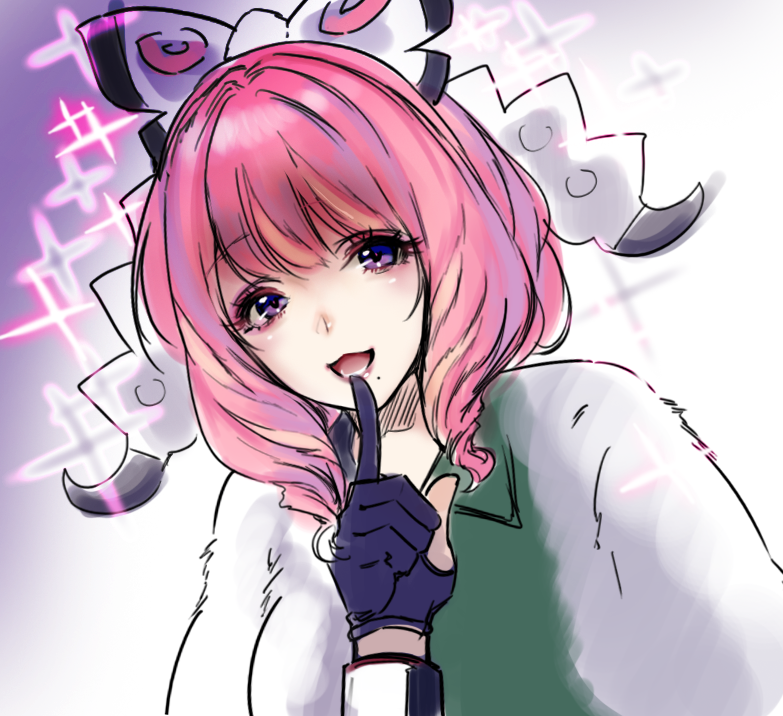 1girl :3 :d bangs bow coat collared_shirt commentary_request eyebrows_visible_through_hair eyelashes finger_to_mouth fur_coat gloves green_shirt hair_bow kurara_(pokemon) looking_at_viewer medium_hair mole mole_under_mouth open_mouth partly_fingerless_gloves pecha_(iikuninen) pink_hair pokemon pokemon_(game) pokemon_swsh purple_gloves shirt smile solo sparkle tongue violet_eyes white_bow white_coat wristband