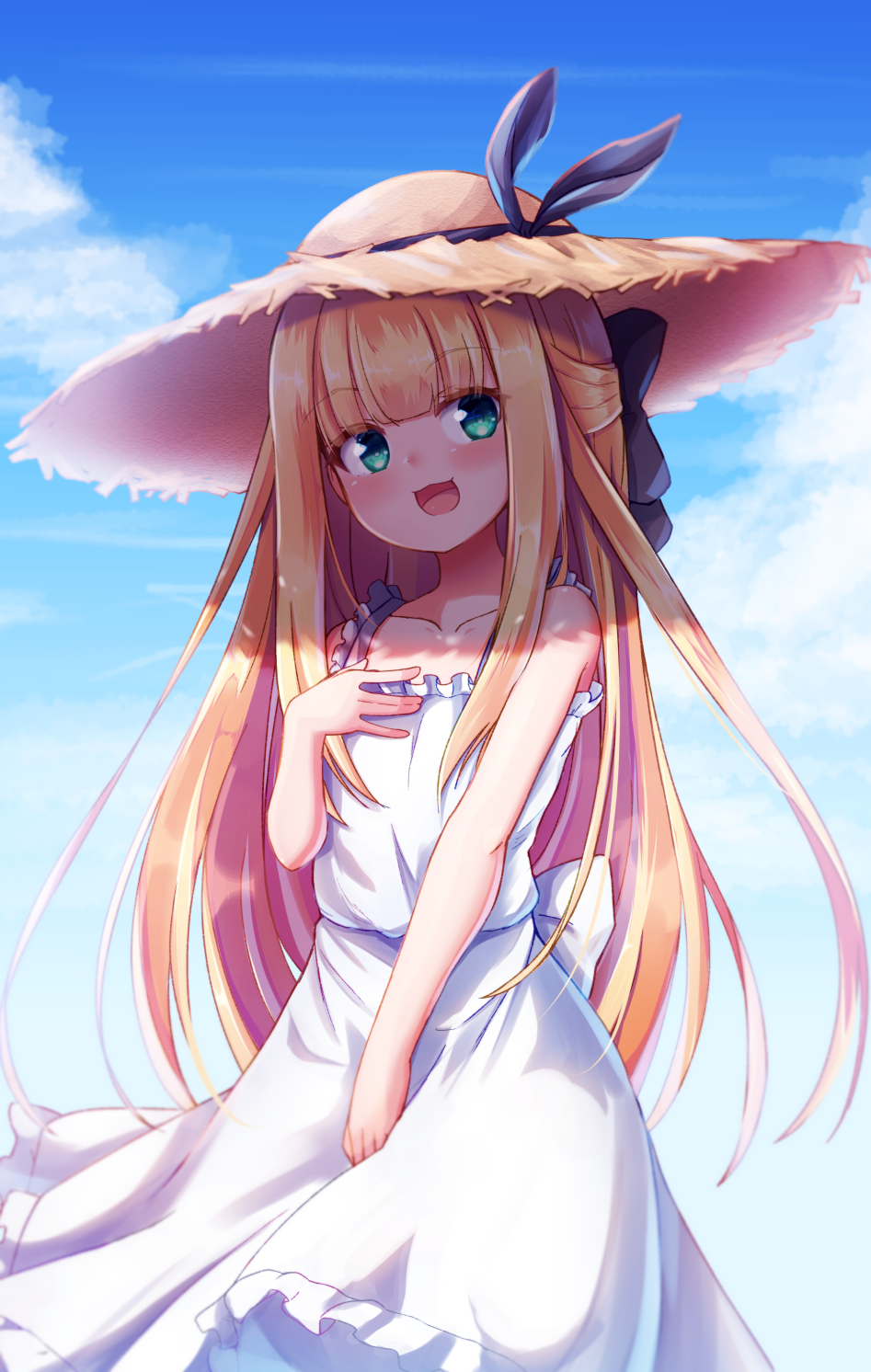 1girl :d bangs baram bare_arms bare_shoulders black_bow black_ribbon blonde_hair blue_sky blush bow brown_headwear clip_studio_paint_(medium) clouds cloudy_sky collarbone commentary_request day dress eyebrows_visible_through_hair frilled_dress frills green_eyes hair_bow hand_up hat hat_ribbon highres long_hair looking_at_viewer mononobe_alice nijisanji open_mouth outdoors ribbon sky sleeveless sleeveless_dress smile solo straw_hat very_long_hair virtual_youtuber white_dress