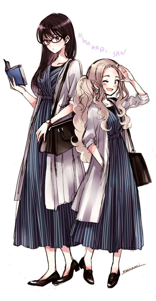 2girls ;d arm_up bag black-framed_eyewear black_footwear black_hair blush book brown_eyes character_name copyright_name dress eyebrows_visible_through_hair full_body glasses hand_in_pocket high_heels himawari-san himawari-san_(character) holding holding_book kakitsubata_ayame_(himawari-san) light_brown_hair long_hair looking_at_viewer matching_outfit multiple_girls no_socks one_eye_closed open_book open_mouth shoulder_bag simple_background smile standing sugano_manami very_long_hair violet_eyes watch watch white_background