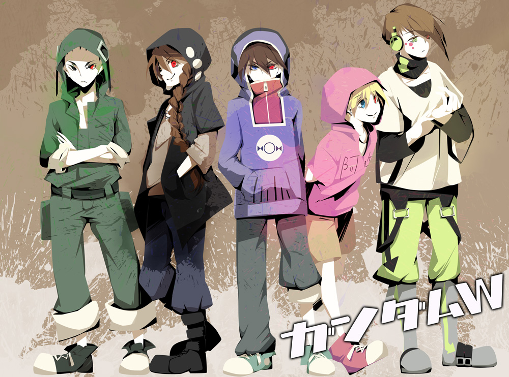 5boys bangs black_hair blonde_hair braid brown_hair chang_wufei copyright_name crossed_arms duo_maxwell expressionless full_body green_eyes gundam gundam_wing hands_in_pocket heero_yuy heterochromia hood hoodie long_hair looking_at_viewer male_focus msg01 multiple_boys photoshop_(medium) quatre_raberba_winner short_hair single_braid smile trowa_barton