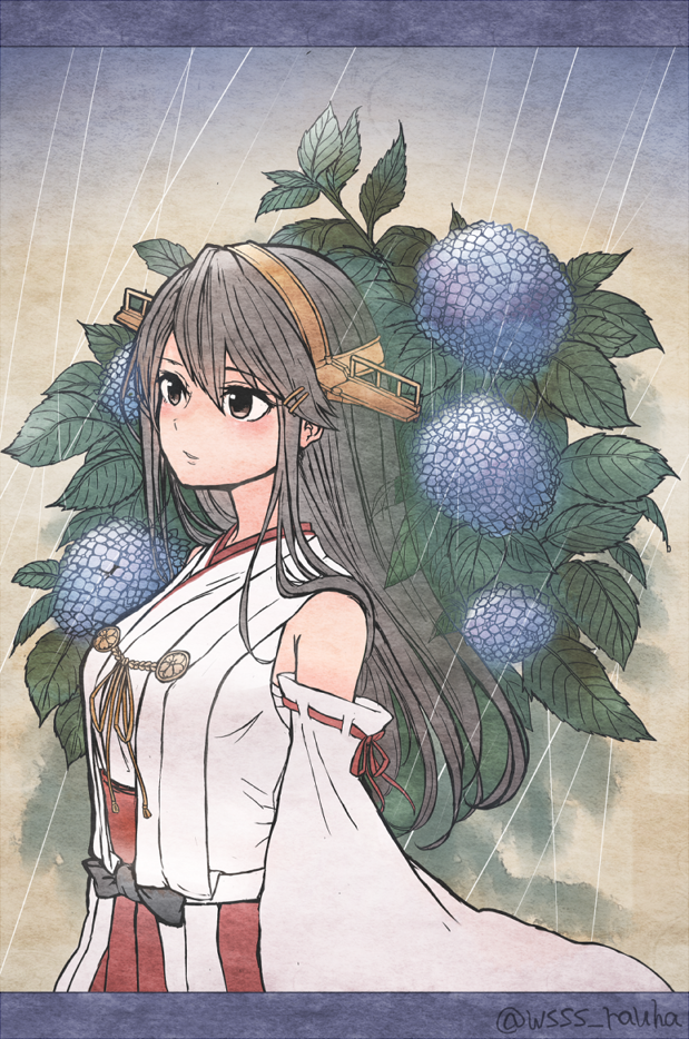 1girl bare_shoulders black_hair brown_eyes detached_sleeves flower hairband haruna_(kantai_collection) headgear hydrangea japanese_clothes kantai_collection long_hair nontraditional_miko pleated_skirt purple_flower red_skirt remodel_(kantai_collection) ribbon-trimmed_sleeves ribbon_trim skirt solo twitter_username wide_sleeves wss_(nicoseiga19993411)