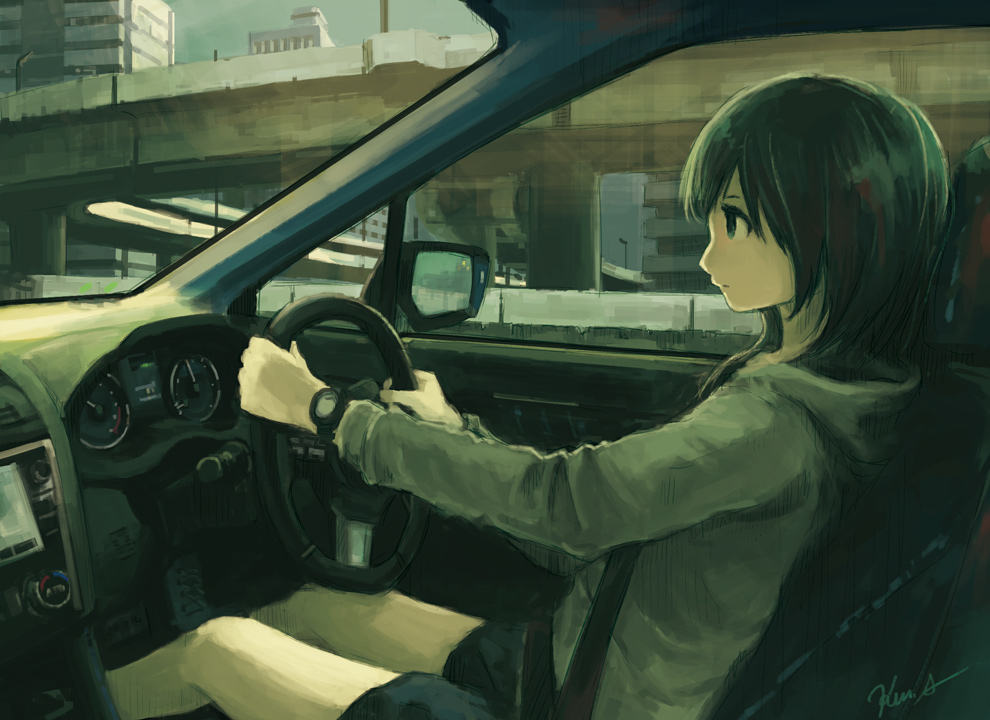 1girl black_hair car car_interior cityscape commentary driving english_commentary ground_vehicle hood hoodie kensight328 motor_vehicle original scenery short_shorts shorts sitting solo steering_wheel watch watch
