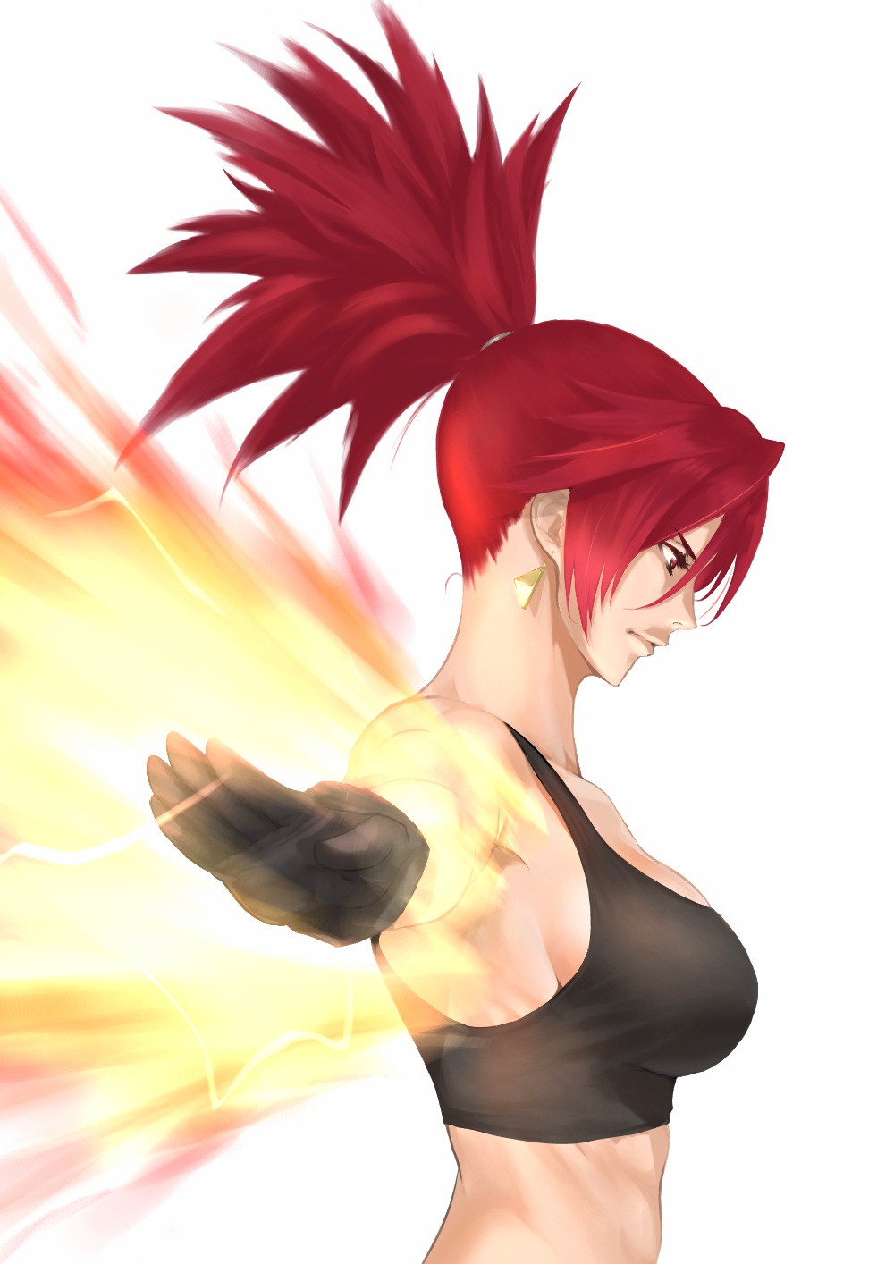 1girl anagumasan armpits bangs bare_shoulders black_gloves breasts earrings fire gloves highres jewelry leona_heidern military orochi_leona ponytail red_eyes redhead serious tank_top the_king_of_fighters the_king_of_fighters_all-stars the_king_of_fighters_xiii