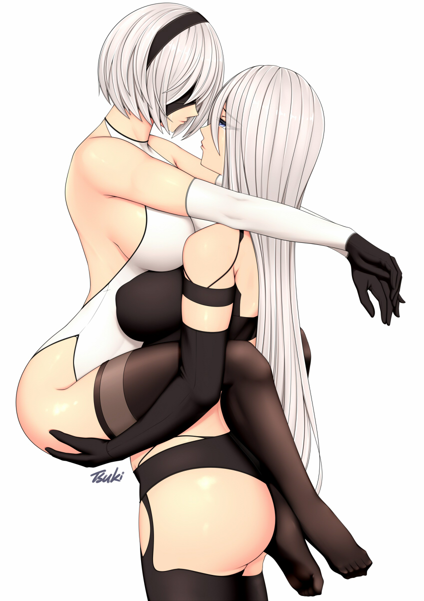 2girls android armlet ass black_blindfold black_hairband black_shorts blindfold blue_eyes breasts cosplay covered_eyes cowboy_shot elbow_gloves eyebrows_visible_through_hair gloves hairband highleg highleg_leotard highres joints large_breasts leotard multiple_girls nier_(series) nier_automata no_blindfold painttool_sai_(medium) photoshop_(medium) robot_joints ryu_seung shorts silver_hair standing tank_top thigh-highs white_background white_leotard yorha_no._2_type_b yorha_type_a_no._2 yorha_type_a_no._2_(cosplay)