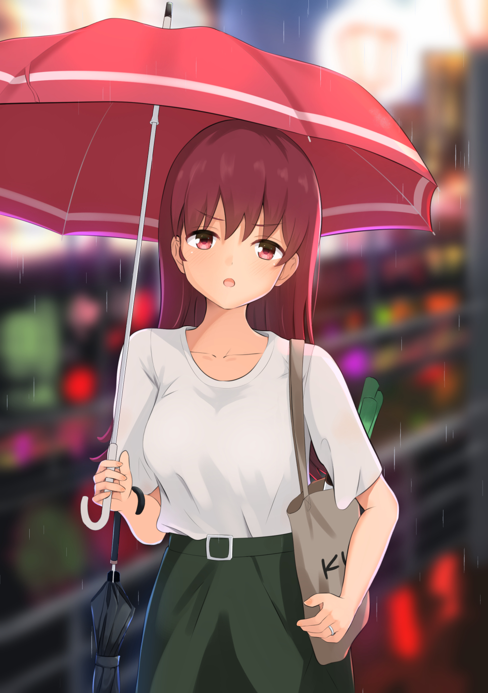 1girl alternate_costume bag bangs blurry blurry_background breasts brown_hair closed_umbrella day eyebrows_visible_through_hair food green_skirt highres holding holding_umbrella jewelry kantai_collection long_hair medium_breasts ochikata_kage ooi_(kantai_collection) open_mouth outdoors rain ring shirt shoulder_bag skirt solo spring_onion umbrella vegetable white_shirt