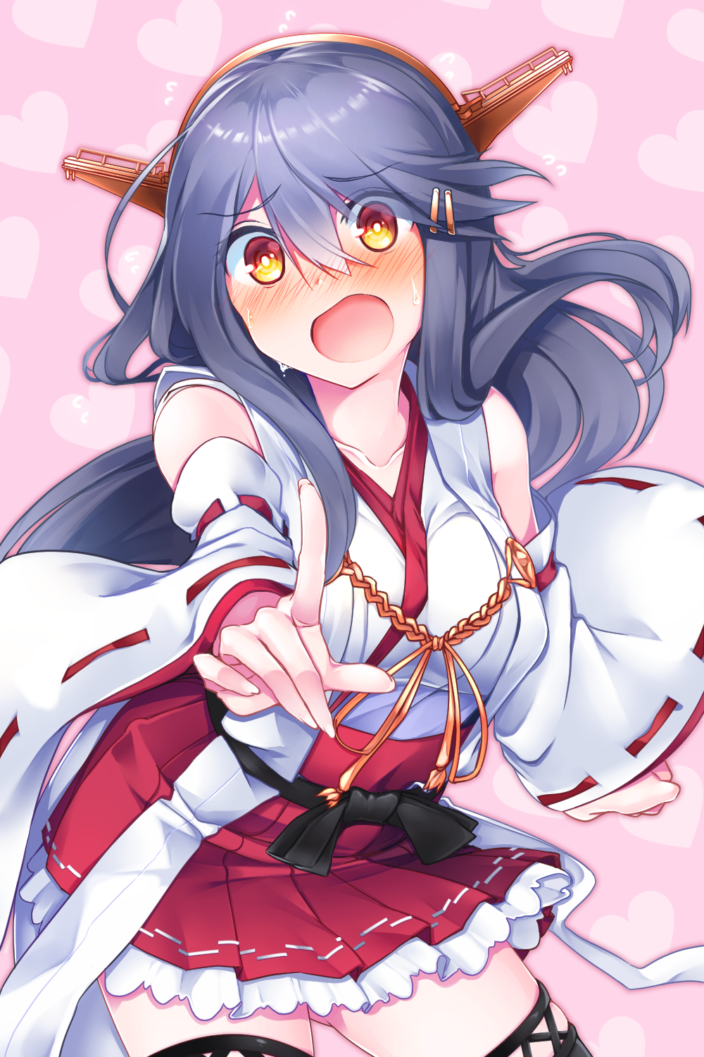 1girl :o bare_shoulders blush boots brown_eyes detached_sleeves embarrassed eyebrows_visible_through_hair grey_hair hair_between_eyes hair_ornament hairclip haruna_(kantai_collection) headgear highres index_finger_raised kantai_collection long_hair looking_at_viewer nontraditional_miko red_skirt remodel_(kantai_collection) skirt solo thigh-highs thigh_boots tsukui_kachou