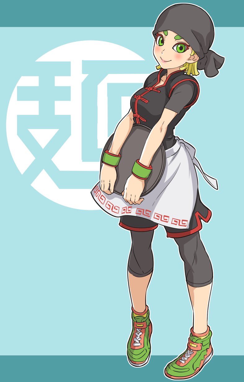 1girl apron arms_(game) bandana black_bandana black_shorts blonde_hair blue_background breasts chinese_clothes closed_mouth full_body green_eyes green_footwear grey_legwear highres leggings legs_apart looking_at_viewer medium_breasts min_min_(arms) no_mask outline shoes short_sleeves shorts sjw_kazuya smile sneakers socks solo standing waist_apron white_apron white_outline wristband yellow_legwear