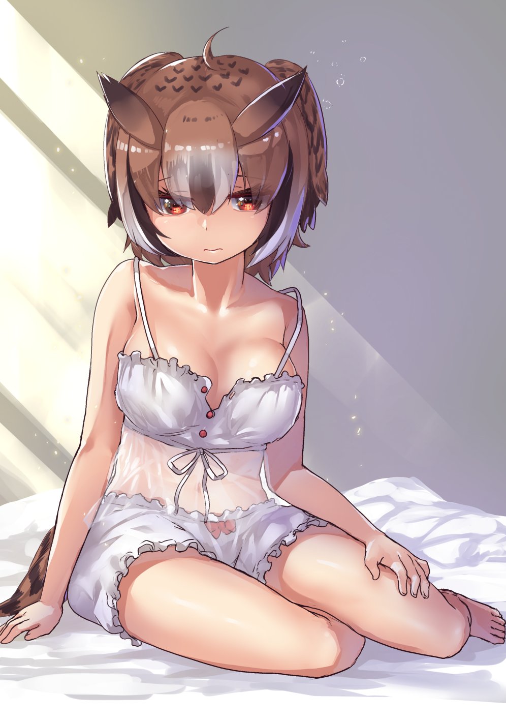 1girl bangs bare_shoulders barefoot bed_sheet bird_tail bow bow_bloomers breasts brown_eyes brown_hair collarbone commentary eurasian_eagle_owl_(kemono_friends) eyes_visible_through_hair frown full_body hair_between_eyes hand_on_own_thigh head_wings highres kemono_friends large_breasts lingerie looking_at_viewer multicolored_hair red_bow see-through short_hair sitting solo spaghetti_strap strap_gap sunlight tadano_magu underwear underwear_only white_bloomers white_hair yokozuwari