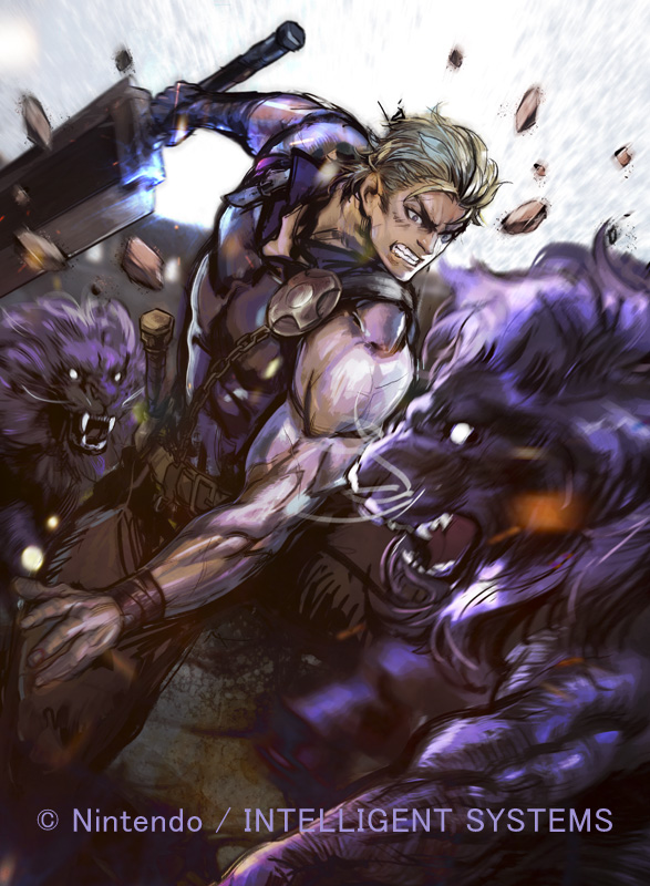 1boy belt blonde_hair bracelet fangs fire_emblem fire_emblem:_mystery_of_the_emblem fire_emblem_cipher hiroaki_(kof) jewelry lion official_art ogma_(fire_emblem) open_mouth rock scar solo sword teeth weapon