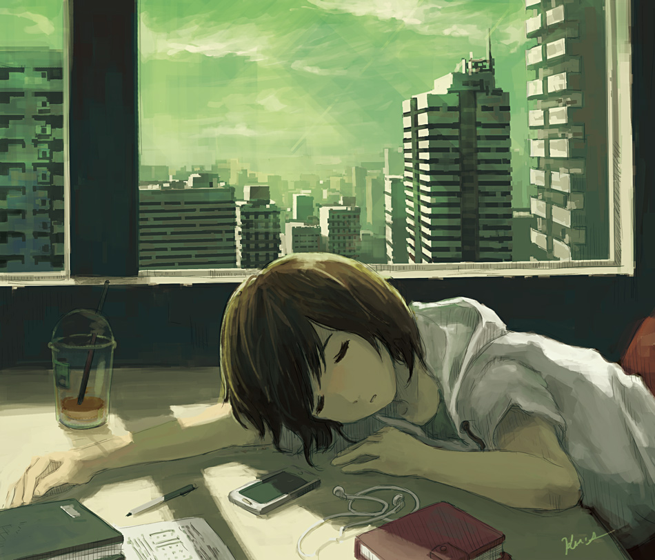 1girl black_hair book building cellphone cityscape closed_eyes commentary cup disposable_cup drinking_straw earphones hood hoodie indoors kensight328 original pen phone scenery short_hair sleeping smartphone solo window