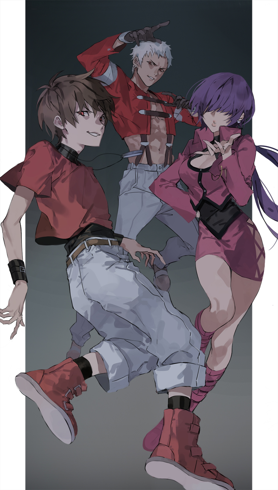 1girl 2boys bangs brown_hair chris_(kof) covered_eyes dress gloves highres jewelry multiple_boys nanakase_yashiro necklace otuming0202 purple_hair red_eyes shermie short_dress suspenders the_king_of_fighters white_hair