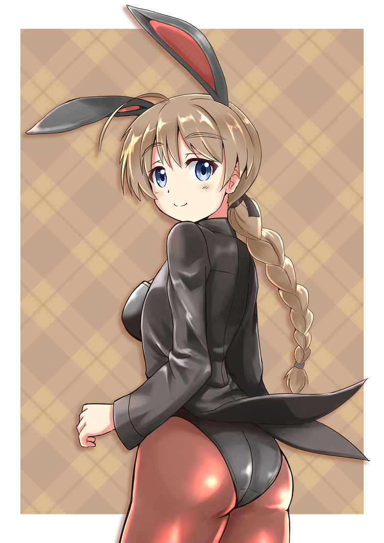 1girl ahoge animal_ears ass black_jacket black_leotard blue_eyes braid breasts brown_hair brown_legwear bunny_girl bunnysuit from_behind jacket leotard long_hair looking_back lynette_bishop pantyhose plaid plaid_background ponytail rabbit_ears red_liquid_(artist) simple_background smile solo strike_witches world_witches_series