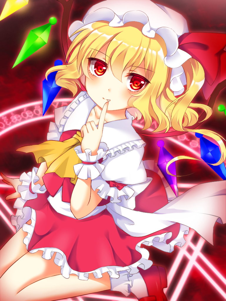 1girl ankle_socks arm_at_side arm_up blonde_hair commentary cravat dutch_angle eyebrows_visible_through_hair fang fang_out finger_to_mouth flandre_scarlet gradient gradient_background hair_between_eyes hat hat_ribbon looking_at_viewer magic_circle mob_cap one_side_up puffy_short_sleeves puffy_sleeves red_background red_eyes red_footwear red_skirt red_vest ribbon shirt short_hair short_sleeves sitting skirt skirt_set smile solo touhou vest wariza white_headwear white_legwear white_shirt wings wrist_cuffs yellow_neckwear yoimatsuri_(ichimen_no)