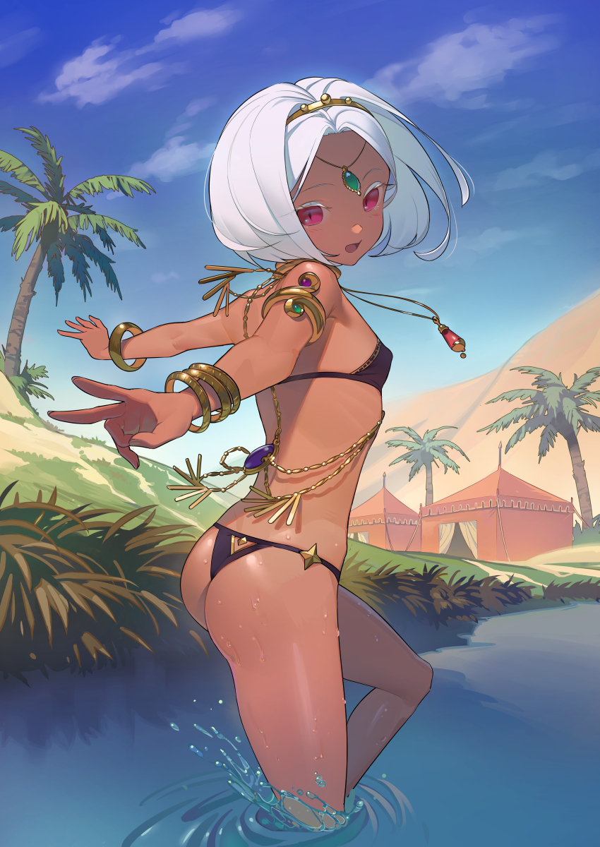 1girl armlet ass bangle bangs bare_shoulders bikini black_bikini bracelet breasts circlet dark_skin day highres jewelry looking_at_viewer looking_back neck_ring necklace oasis open_mouth original outdoors outstretched_arms palm_tree parted_bangs red_eyes short_hair sky small_breasts solo string_bikini swimsuit tent thighs tim_loechner tree wading water wet white_hair