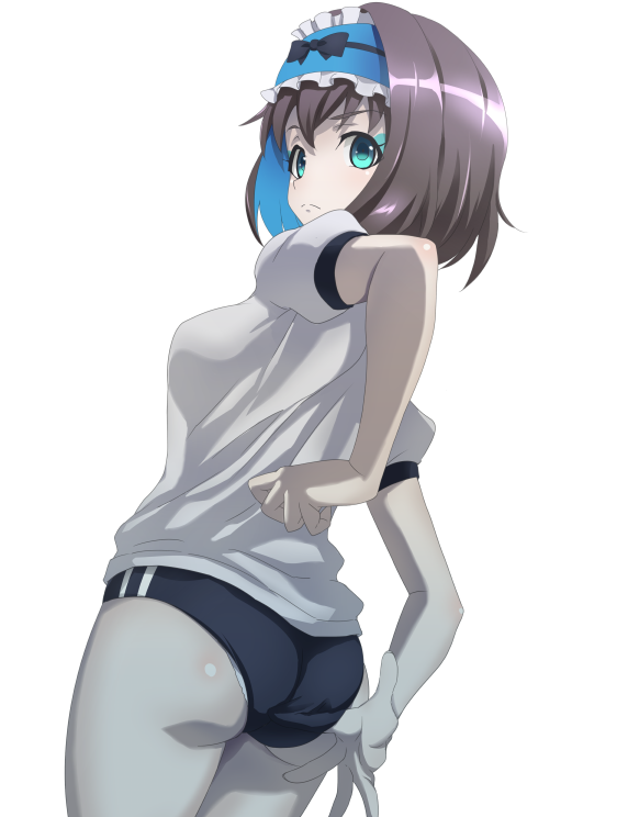 1girl adjusting_buruma adjusting_clothes ass black_hair blue_buruma blue_eyes blue_hair breasts buruma from_behind fujikawa_daichi garie_tuman gym_shirt gym_uniform hairband looking_at_viewer looking_back medium_breasts multicolored_hair pale_skin senki_zesshou_symphogear shiny shiny_hair shirt short_hair simple_background solo standing two-tone_hair white_background