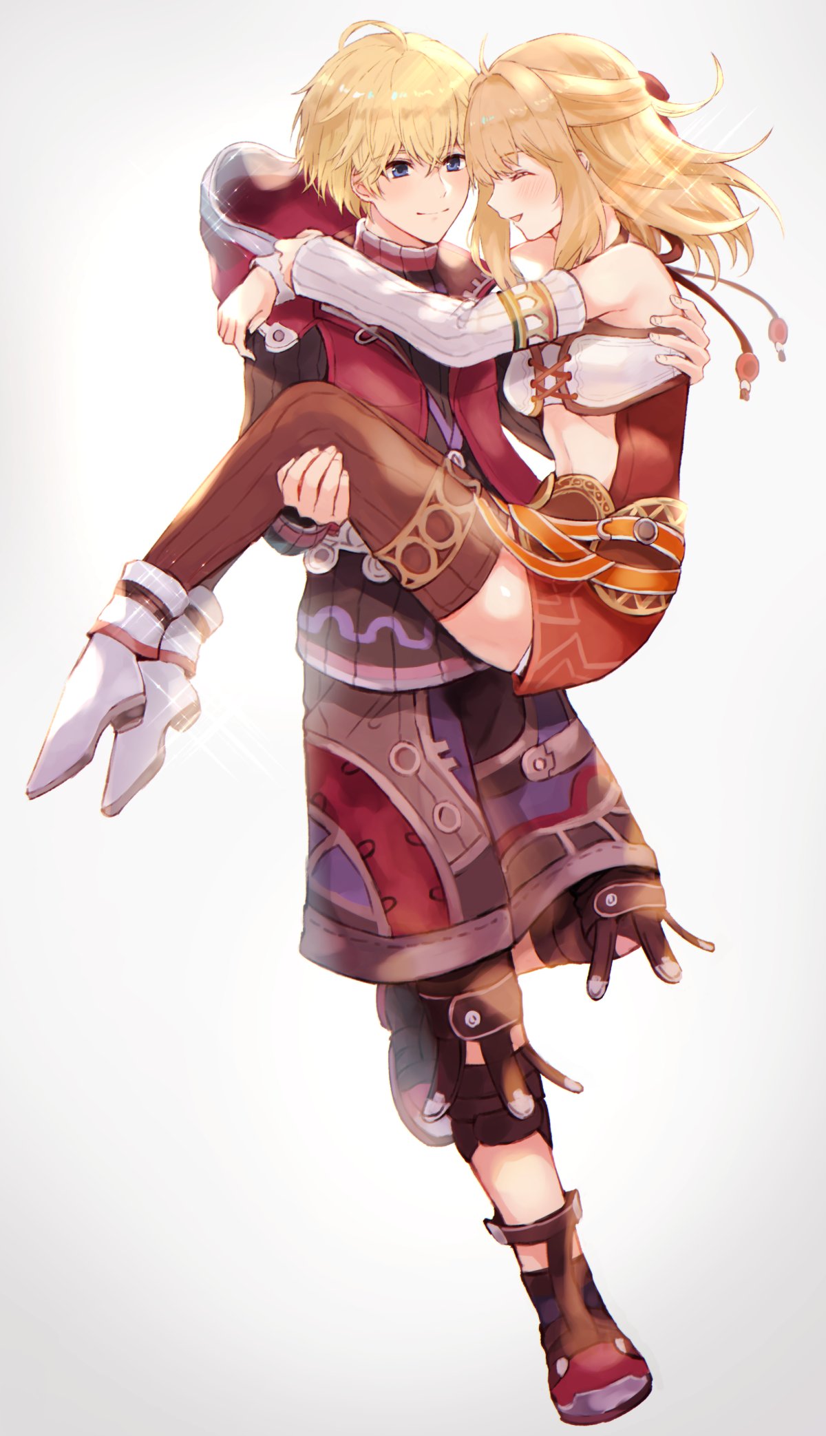 1boy 1girl blonde_hair blue_eyes blush breasts carrying closed_eyes couple detached_sleeves fiorun full_body hetero highres long_hair medium_breasts princess_carry short_hair shulk smile thigh-highs wspread xenoblade_(series) xenoblade_1