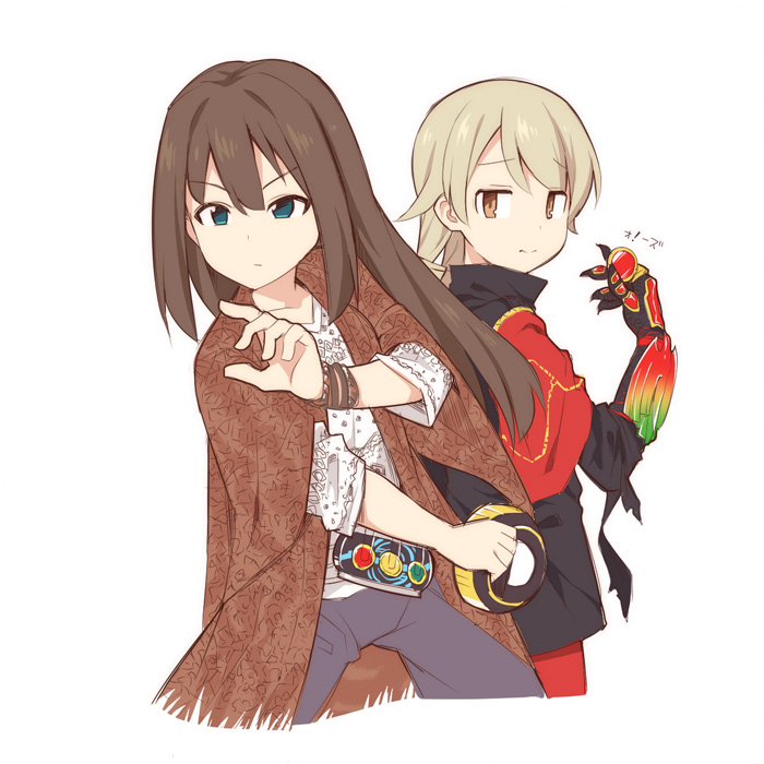 2girls ankh_(ooo) ankh_(ooo)_(cosplay) bangs black_jacket black_pants blue_eyes brown_eyes brown_hair brown_jacket cosplay cropped_legs eyebrows_visible_through_hair hair_between_eyes hand_up hino_eiji hino_eiji_(cosplay) holding idolmaster idolmaster_cinderella_girls jacket kamen_rider kamen_rider_ooo_(series) long_hair long_sleeves morikubo_nono multiple_girls pants ringlets shibuya_rin shirt simple_background ushi v-shaped_eyebrows very_long_hair white_background white_shirt