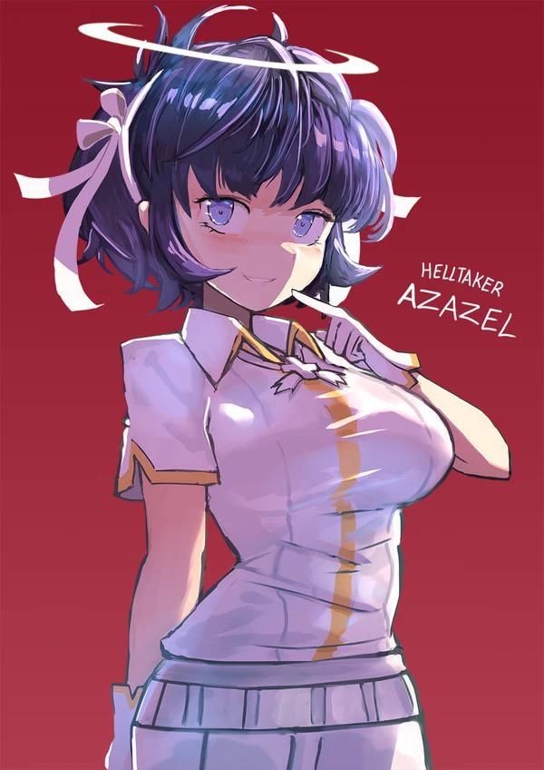 1girl angel azazel_(helltaker) bangs black_hair blue_eyes blush boots breasts closed_eyes cross cross_necklace gloves hair_ribbon halo helltaker jewelry knee_boots large_breasts looking_at_viewer necklace red_background ribbon shirt short_hair short_sleeves sjofn smile white_gloves white_ribbon white_shirt