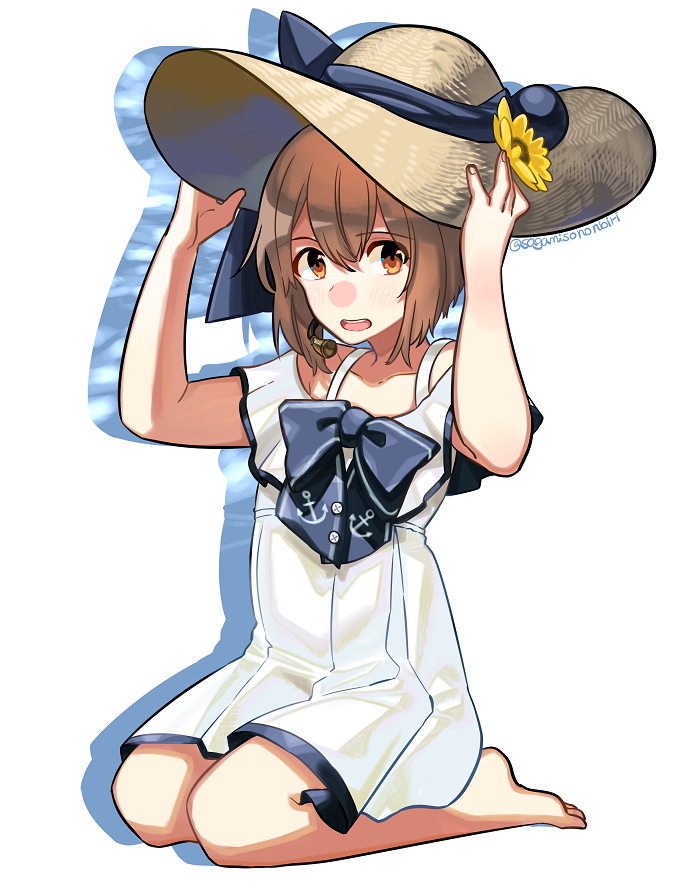 1girl alternate_costume anchor anchor_symbol bangs barefoot blue_bow blush bow brown_eyes brown_hair dress eyebrows_visible_through_hair flower full_body hat kantai_collection open_mouth outline sagamiso short_hair simple_background sitting solo speaking_tube_headset sun_hat sundress twitter_username yellow_flower yukikaze_(kantai_collection)