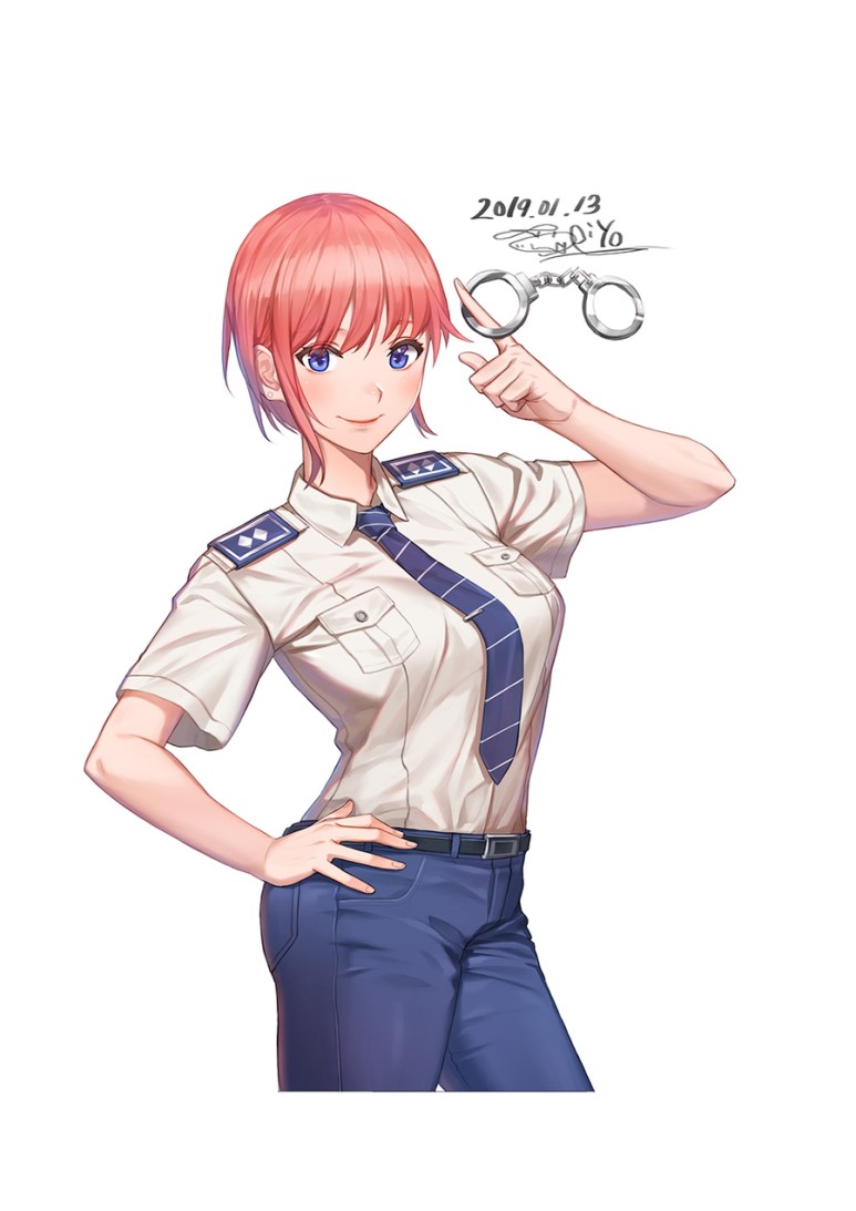 1girl bangs belt blue_eyes blue_pants breast_pocket cuffs dated go-toubun_no_hanayome hand_on_hip handcuffs index_finger_raised looking_at_viewer nakano_ichika pants pink_hair piyo_(pixiv_2308057) pocket shirt shirt_tucked_in short_hair short_sleeves signature simple_background smile solo white_background white_shirt