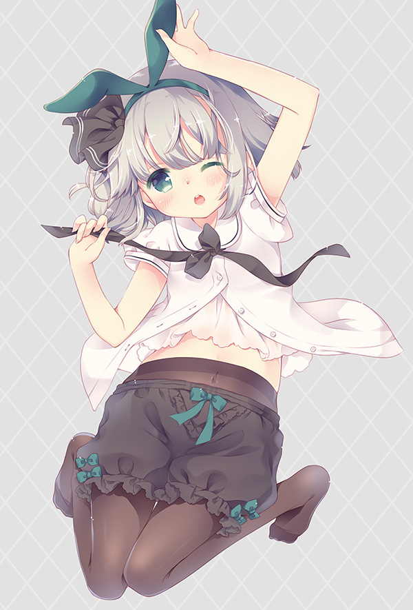 1girl animal_ears aogiri_sei bangs bare_arms black_bloomers black_neckwear bloomers blouse bow green_bow green_eyes grey_hair headband holding konpaku_youmu navel no_shoes pantyhose patterned_background rabbit_ears short_hair solo touhou unbuttoned undershirt underwear white_blouse