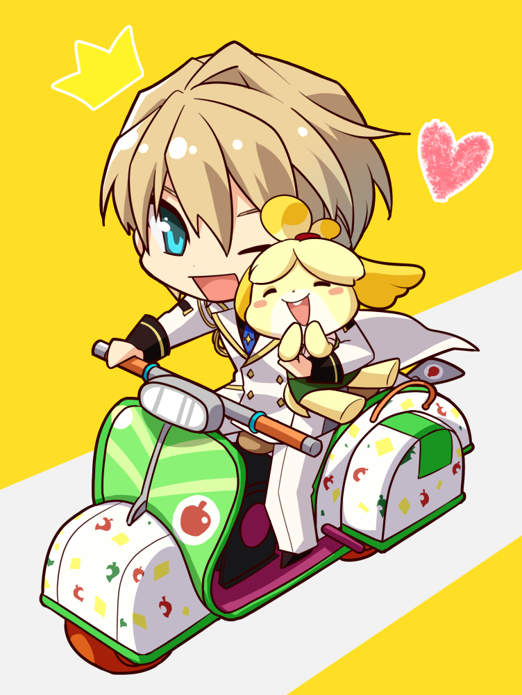 1boy 1girl ;d animal_ears aqua_eyes blonde_hair blush_stickers chibi closed_eyes commentary_request dog_ears doubutsu_no_mori full_body ground_vehicle hair_between_eyes happy heart holding_another holostars kishido_temma motor_vehicle motorcycle nyokkiiiiin one_eye_closed open_mouth shizue_(doubutsu_no_mori) short_hair smile virtual_youtuber