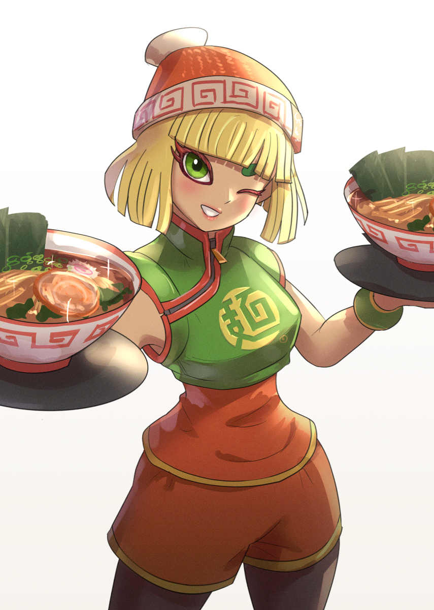 1girl arms_(game) beanie blonde_hair bowl food gonzarez green_eyes hat highres mask mask_removed min_min_(arms) noodles one_eye_closed ramen shorts smile super_smash_bros. tray