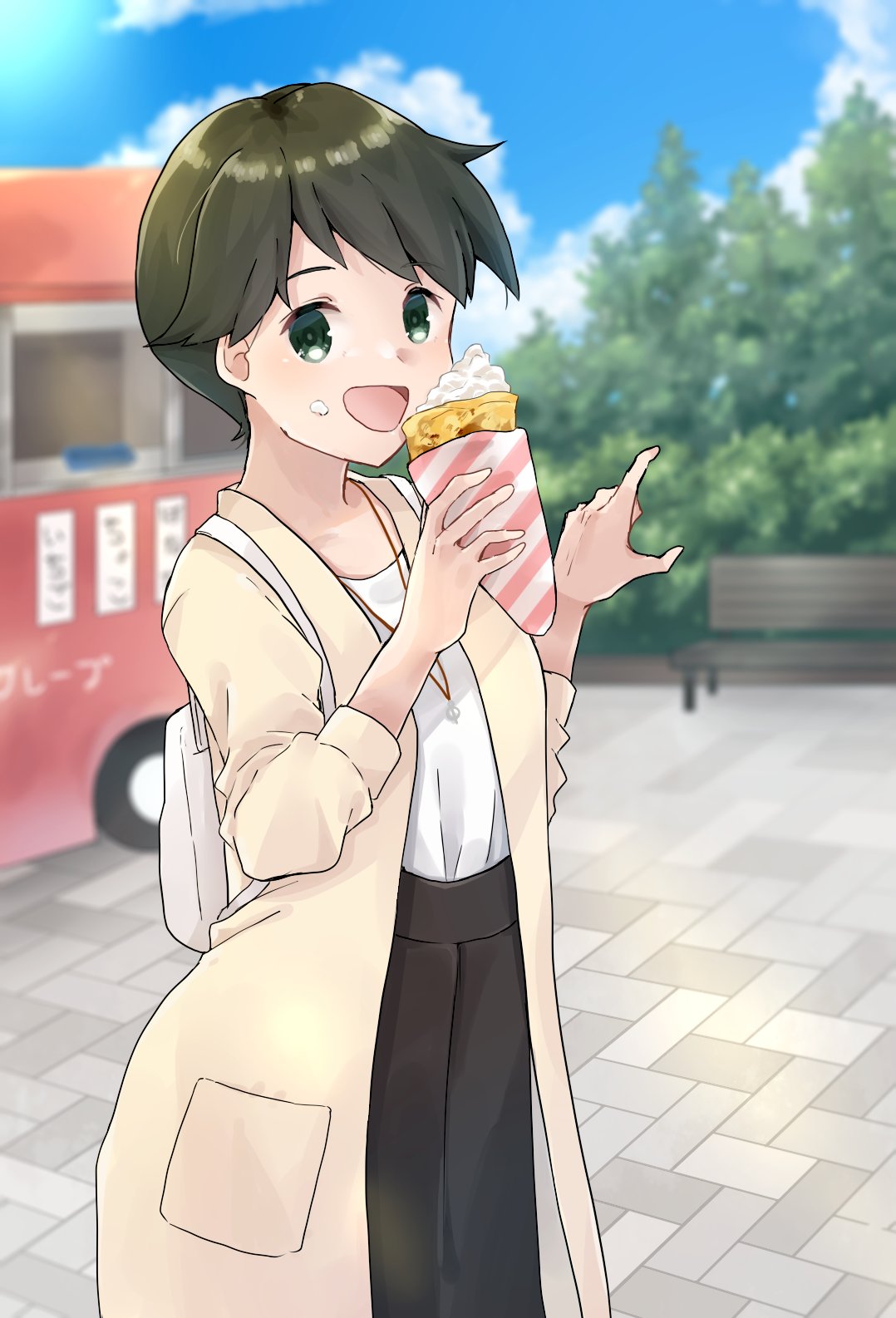 1girl :d alternate_costume backpack bag beige_jacket bench black_skirt casual crepe eating food food_on_face green_eyes green_hair highres holding holding_food jewelry kantai_collection looking_at_viewer mogami_(kantai_collection) necklace open_mouth shirt short_hair skirt smile solo u_yuz_xx white_shirt