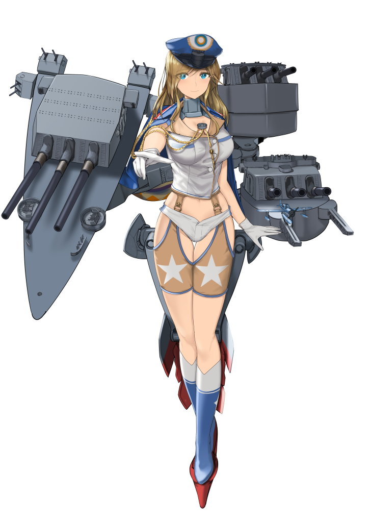 1girl aircraft airplane blonde_hair blue_eyes blue_headwear breasts cannon clip_studio_paint_(medium) commentary_request full_body gloves hat kuuro_kuro large_breasts long_hair looking_at_viewer machinery mc_axis mecha_musume military military_hat original painttool_sai_(medium) peaked_cap personification shorts simple_background smile solo white_background white_gloves white_shorts