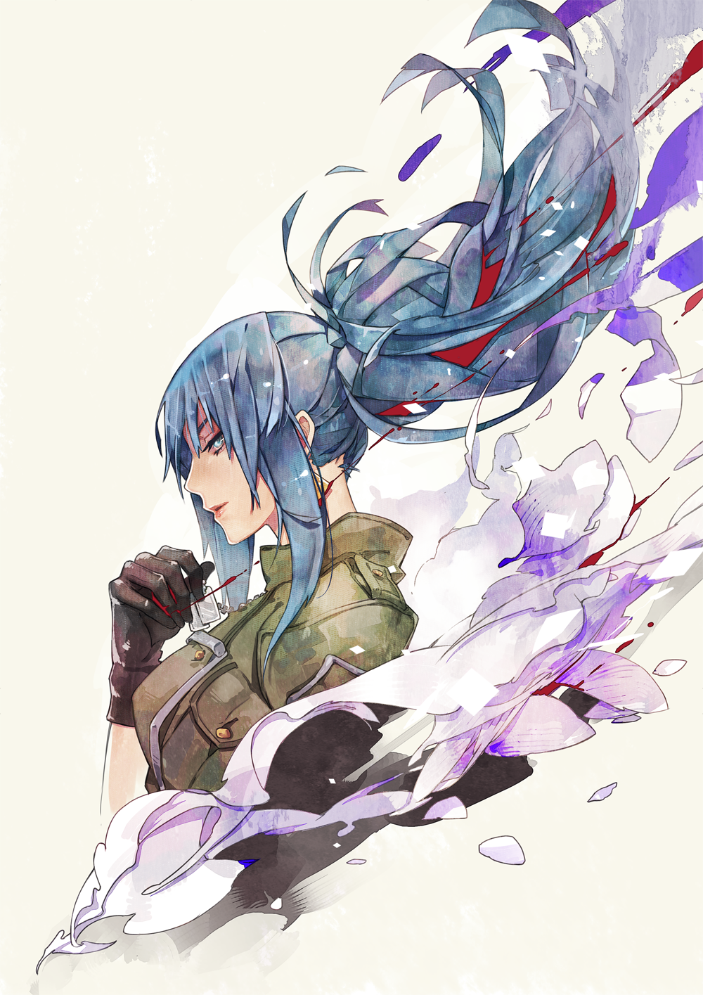 1girl bangs black_gloves blood blue_eyes blue_hair dog_tags gloves green_jacket highres ian_olympia ikari_warriors jacket leona_heidern military ponytail portrait sleeves smoke smoke_trail snk soldier the_king_of_fighters