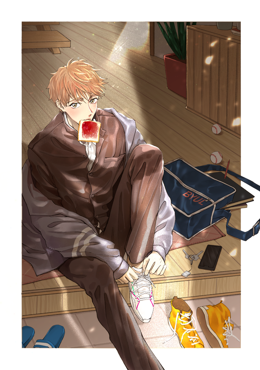 1boy bag baseball black_pants bookbag brown_hair cellphone clip_studio_paint_(medium) day food food_in_mouth highres indoors jacket jam key lemoncurcha looking_at_viewer mihashi_ren mouth_hold ookiku_furikabutte pants pencil phone plant potted_plant sandals shoes sitting sneakers solo sunlight toast toast_in_mouth wooden_floor