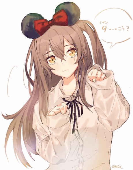 1girl animal_ears bangs bow brown_hair girls_frontline long_hair long_sleeves looking_at_viewer minnie_mouse_ears moa_(21energy12) mouse_ears one_side_up paw_pose red_bow scar scar_across_eye shirt sleeves_past_wrists solo speech_bubble ump45_(girls_frontline) white_background white_shirt yellow_eyes