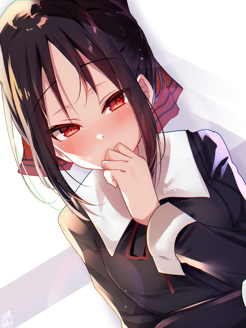 1girl bangs black_dress black_hair blush breasts collared_dress covered_mouth dress eyebrows_visible_through_hair folded_ponytail kaguya-sama_wa_kokurasetai_~tensai-tachi_no_renai_zunousen~ looking_at_viewer neck_ribbon omuretsu parted_bangs red_eyes red_ribbon ribbon school_uniform shinomiya_kaguya simple_background small_breasts solo