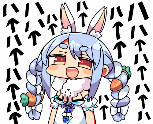 1girl :d animal_ear_fluff animal_ears arrow_(symbol) bangs blue_hair blush_stickers bow braid brown_eyes carrot_hair_ornament chibi commentary_request detached_sleeves dress eyebrows_visible_through_hair food_themed_hair_ornament hair_bow hair_ornament hololive kanikama looking_at_viewer lowres open_mouth puffy_short_sleeves puffy_sleeves rabbit_ears short_eyebrows short_sleeves simple_background smile solo strapless strapless_dress thick_eyebrows translation_request twin_braids twintails upper_body upper_teeth usada_pekora virtual_youtuber white_background white_bow white_dress white_hair white_sleeves