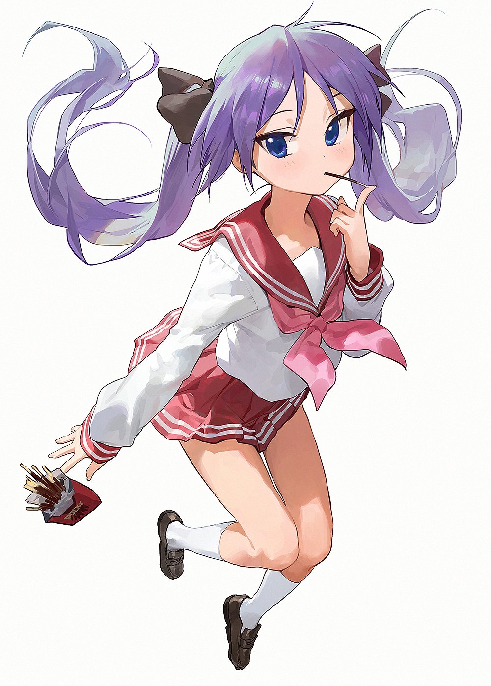 1girl blue_eyes brown_footwear eating food full_body highres hiiragi_kagami loafers long_hair looking_to_the_side lucky_star mossi pink_neckwear pleated_skirt pocky purple_hair red_sailor_collar red_skirt ryouou_school_uniform sailor_collar school_uniform shoes simple_background skirt socks solo thigh_gap tsurime twintails white_background white_legwear