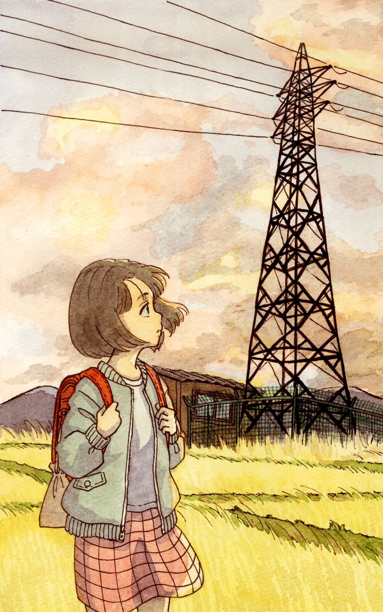 1girl backpack bag bangs blue_jacket bob_cut brown_eyes brown_hair chain-link_fence clouds cloudy_sky commentary corrugated_galvanised_iron_sheet cowboy_shot dusk fence field from_side grass hair_strand highres holding_strap jacket looking_to_the_side nanase774938 original pink_skirt plaid plaid_skirt power_lines shack shirt short_hair skirt sky solo transmission_tower white_shirt window