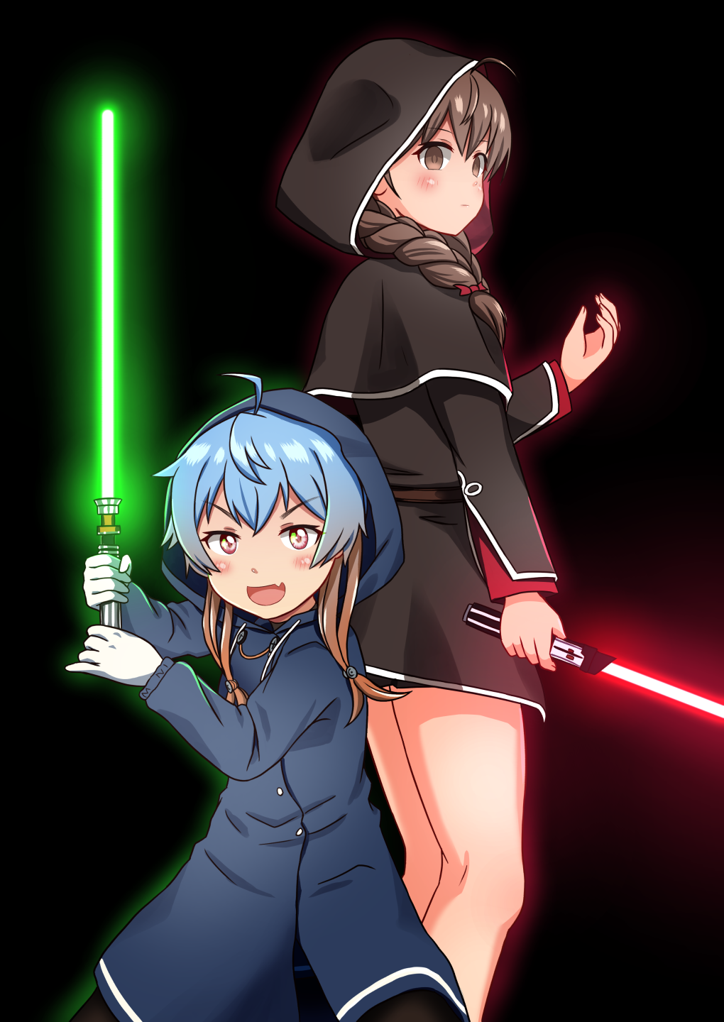 2girls ahoge bangs belt black_background black_capelet blonde_hair blue_hair braid brown_belt brown_eyes brown_hair capelet commentary_request drawstring empty_eyes energy_sword eyebrows_visible_through_hair gloves gradient_hair highres hood hood_up hooded_capelet kantai_collection lightsaber long_hair long_sleeves looking_at_viewer multicolored_hair multiple_girls open_mouth raincoat red_eyes sado_(kantai_collection) shinshuu_maru_(kantai_collection) simple_background smile star_wars sword tsukemon tsurime twin_braids weapon white_gloves