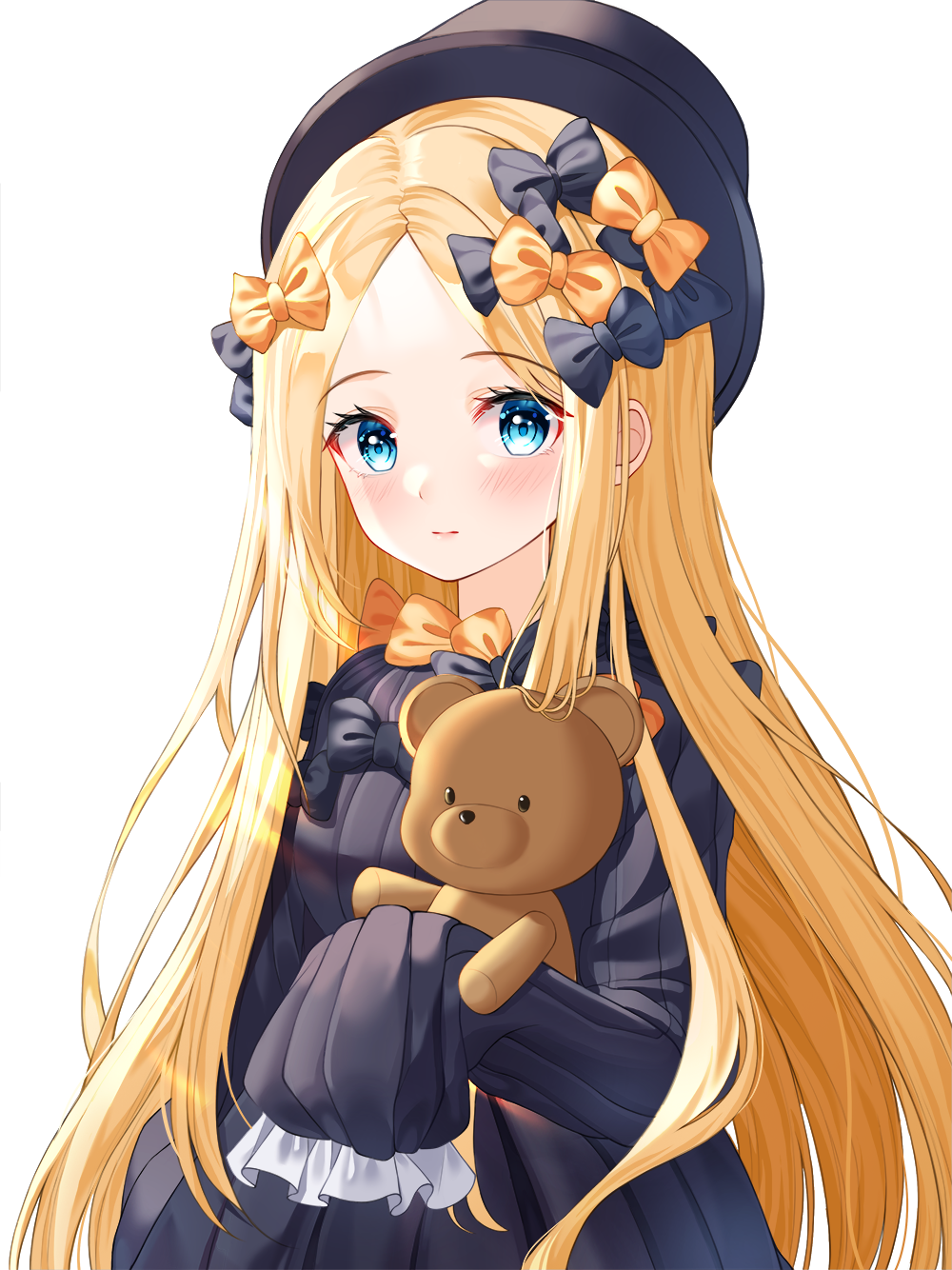 1girl abigail_williams_(fate/grand_order) bangs black_bow black_dress black_headwear blonde_hair blue_eyes blush bow closed_mouth commentary dress eyebrows_visible_through_hair fate/grand_order fate_(series) forehead hair_bow hat highres long_hair long_sleeves looking_at_viewer nri object_hug orange_bow parted_bangs simple_background sleeves_past_fingers sleeves_past_wrists smile solo stuffed_animal stuffed_toy teddy_bear upper_body very_long_hair white_background