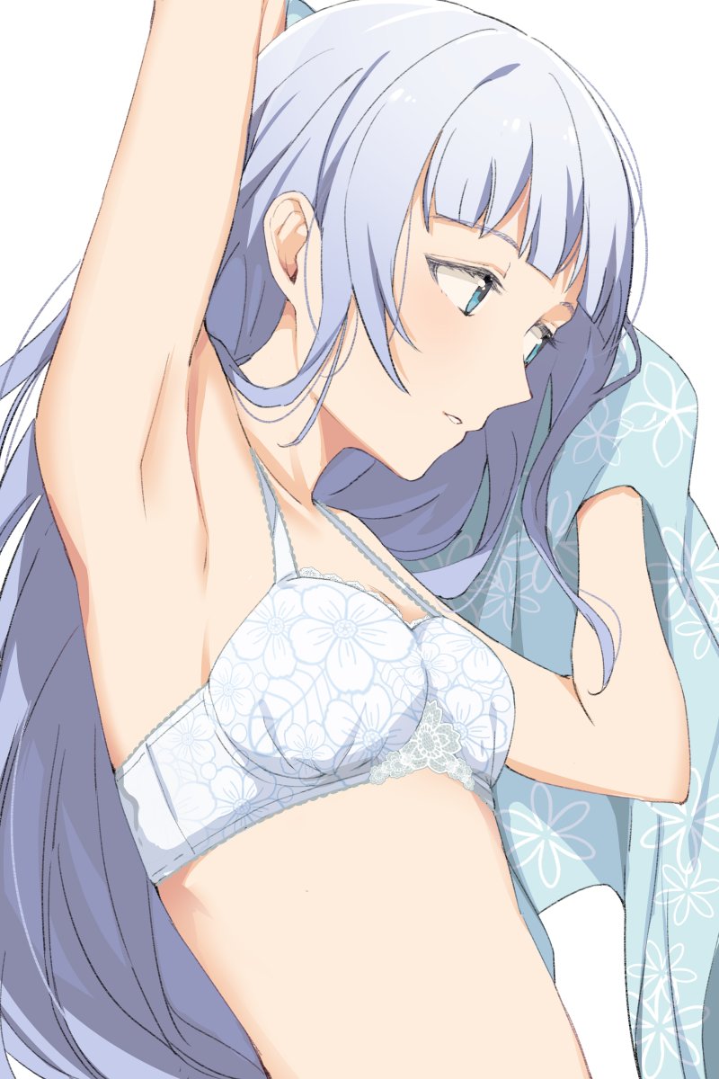 1girl armpits arms_up bangs bare_shoulders blue_bra blue_eyes blue_hair blunt_bangs blush bra breasts collarbone from_side highres hiroki_(yyqw7151) holding holding_towel idolmaster idolmaster_million_live! idolmaster_million_live!_theater_days light_blue_hair long_hair medium_breasts parted_lips shiraishi_tsumugi simple_background solo towel underwear upper_body very_long_hair white_background