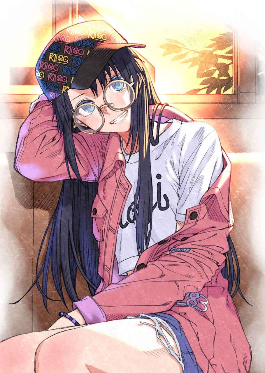 1girl :d aisu_reizou arm_up bangs baseball_cap black_hair blue_eyes brown-framed_eyewear clothes_writing coat glasses grin hat highres idolmaster idolmaster_shiny_colors indoors long_hair long_sleeves looking_at_viewer mitsumine_yuika off_shoulder open_clothes open_coat open_mouth pink_coat round_eyewear shirt sitting smile solo teeth unmoving_pattern very_long_hair white_shirt window wristband