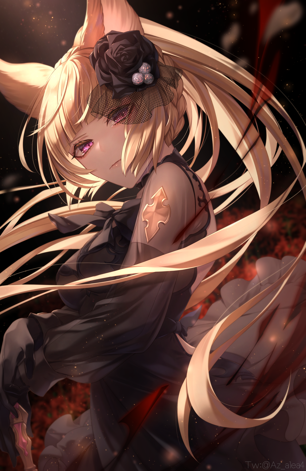 1girl animal_ears azalea4 black_dress black_gloves blonde_hair dress erune flower gloves granblue_fantasy hair_flower hair_ornament highres long_hair pink_eyes ponytail spider_lily twitter_username yuisis_(granblue_fantasy)