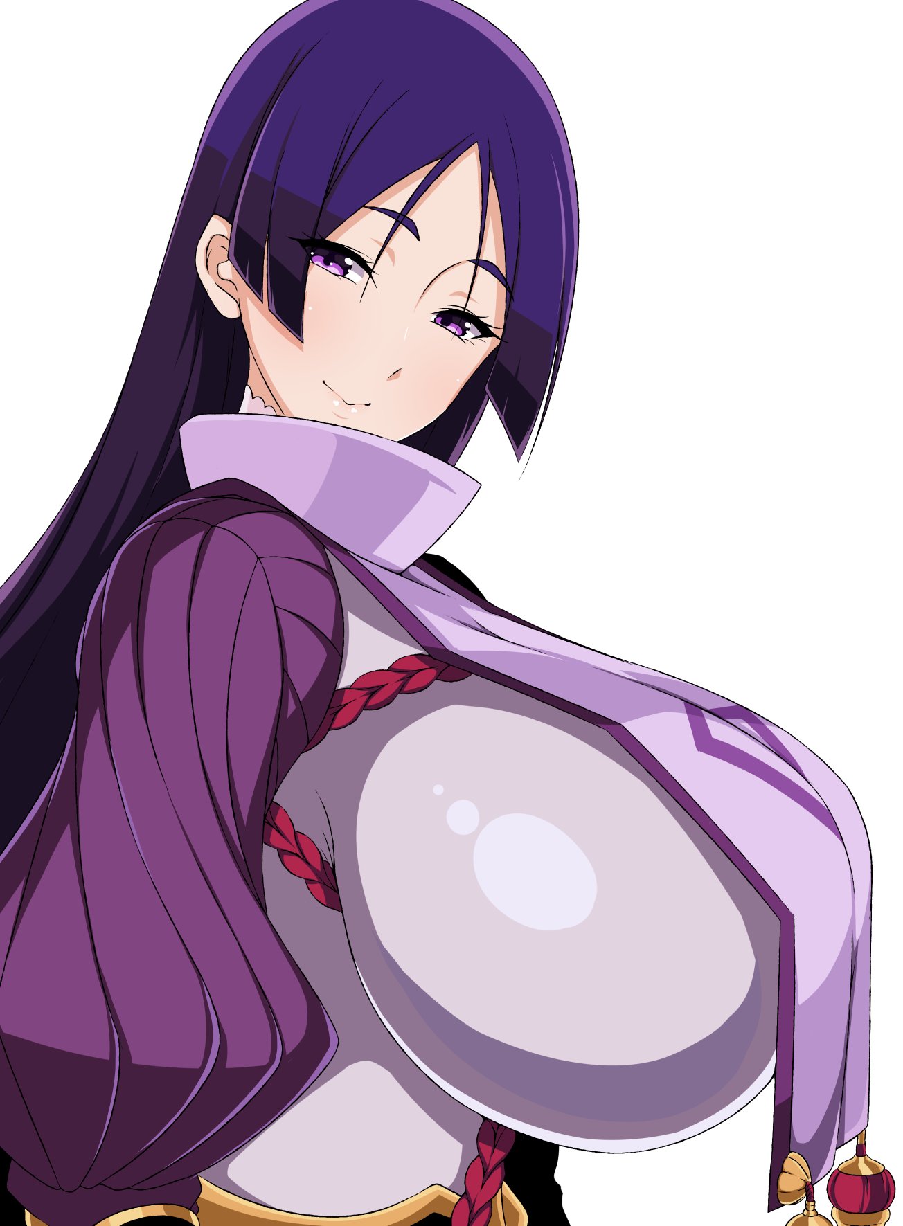 1girl bangs blush bodysuit breasts closed_mouth fate/grand_order fate_(series) high_collar highres huge_breasts jabara_tornado long_hair long_sleeves looking_at_viewer minamoto_no_raikou_(fate/grand_order) parted_bangs purple_bodysuit purple_hair ribbed_sleeves rope simple_background smile tabard very_long_hair violet_eyes white_background