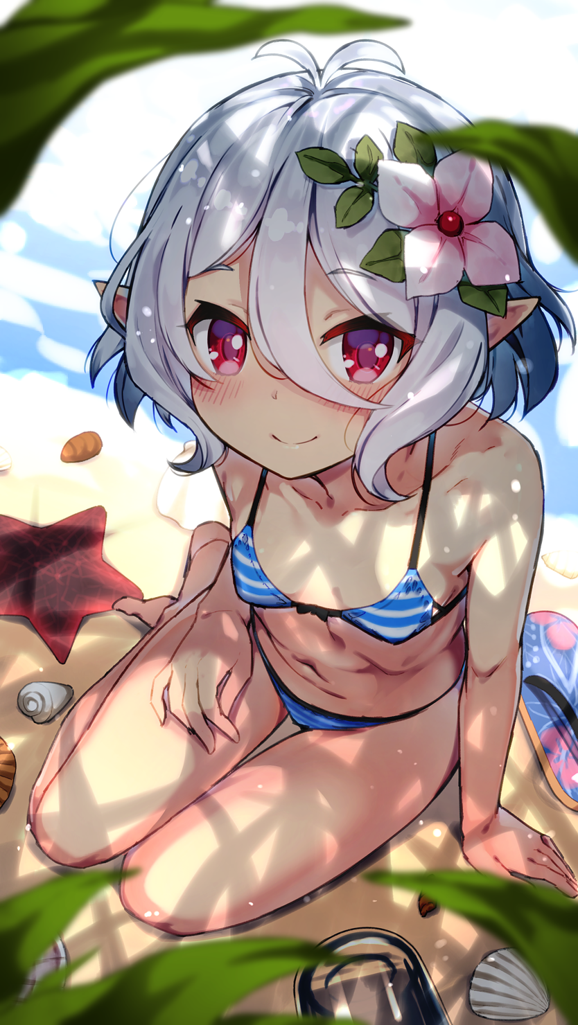 1girl antenna_hair bangs bare_shoulders beach bikini blush breasts collarbone day eyebrows_visible_through_hair flower hair_between_eyes hair_flower hair_ornament highres kokkoro_(princess_connect!) looking_at_viewer navel osa_(osaosa) outdoors pointy_ears princess_connect! princess_connect!_re:dive red_eyes sand sandals sandals_removed seashell shell short_hair silver_hair sitting small_breasts smile solo starfish striped striped_bikini swimsuit white_flower